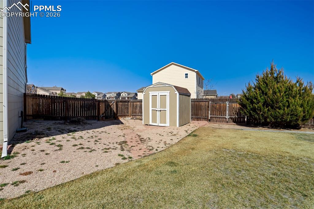 Side yard with a shed. 