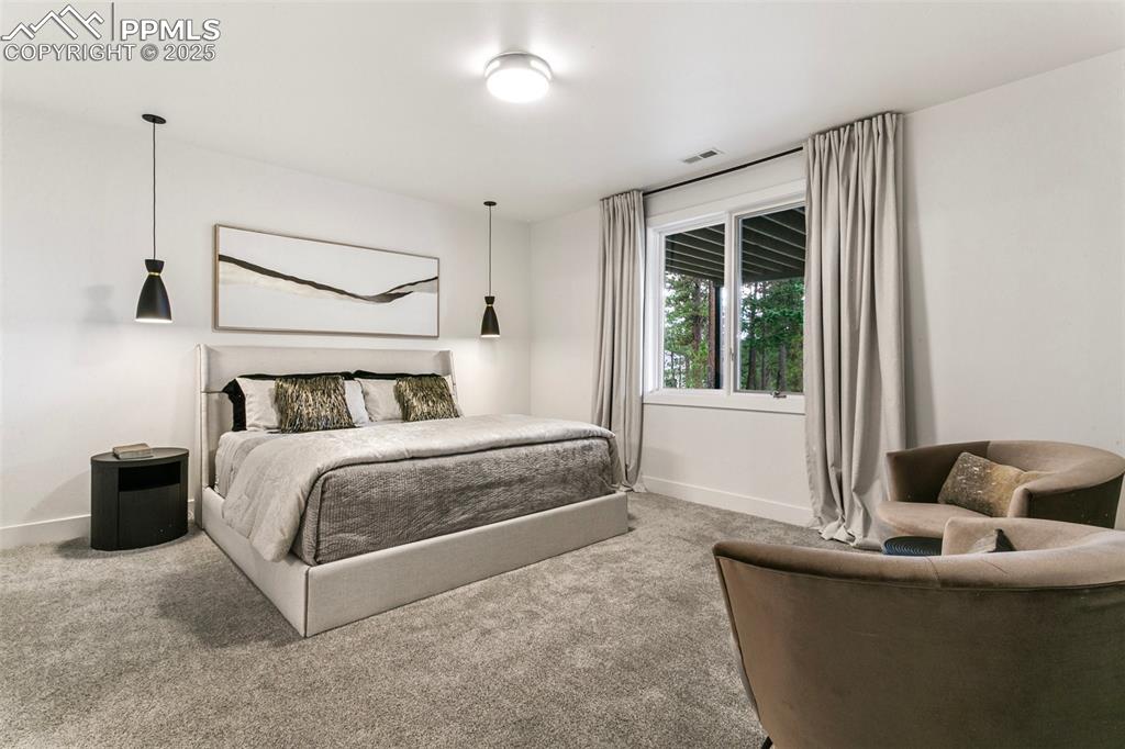 Lower level Jr Ensuite Bedroom with large windows, walk in closet and views of Pikes Peak!