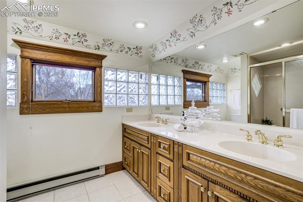 Primary bathroom with double sink and storage!