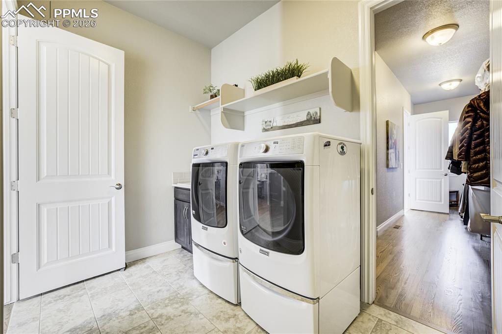 Thoughtfully designed walk-through closet connecting directly to the main-level laundry with utility sink.