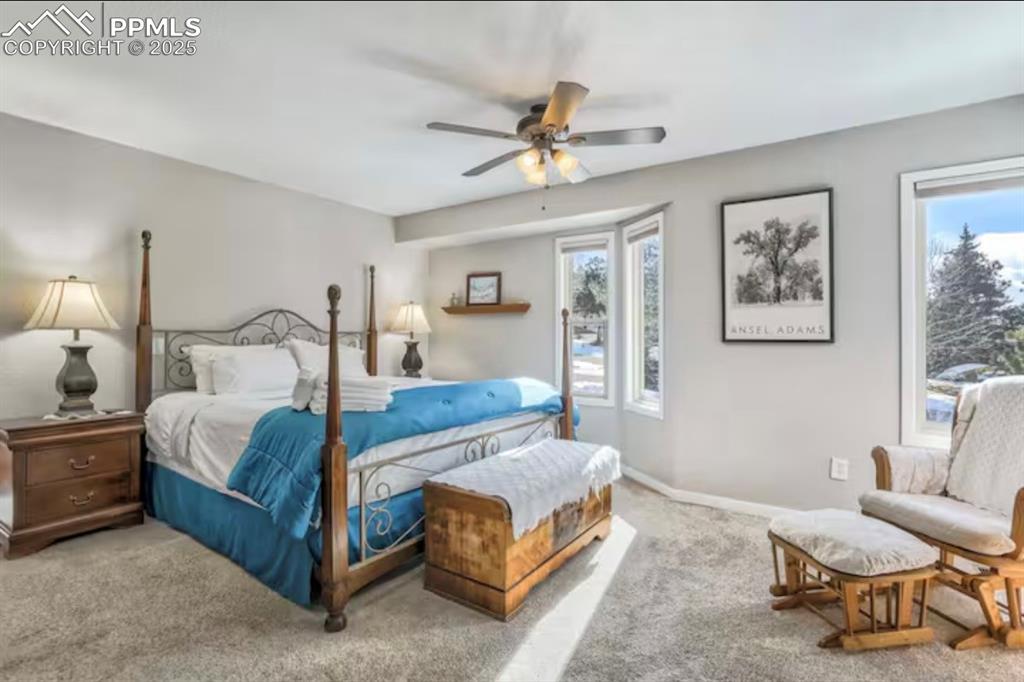 Bedroom featuring carpet floors and ceiling fan