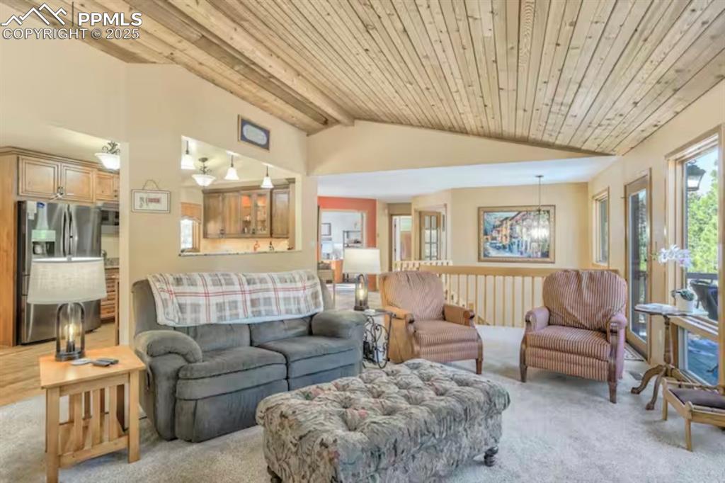 Carpeted living room with wooden ceiling and vaulted ceiling