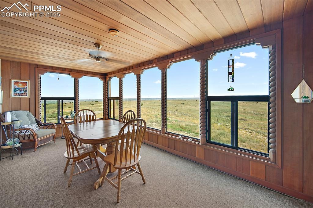 Sunroom with wooden walls, carpet flooring, and wood ceiling