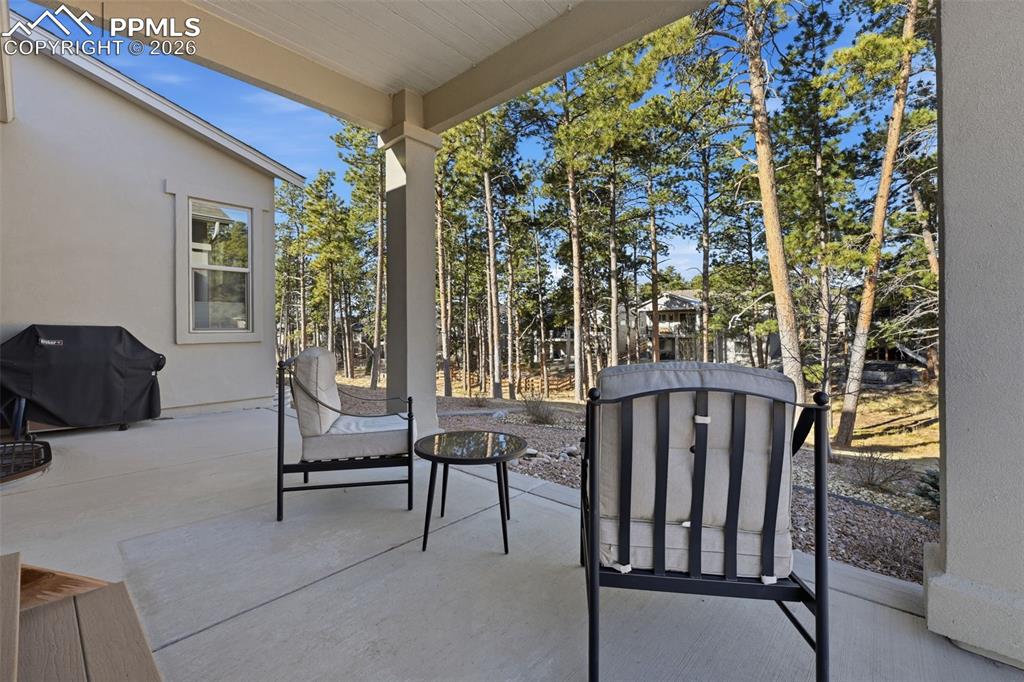 Wonderful covered patio with treed open space!