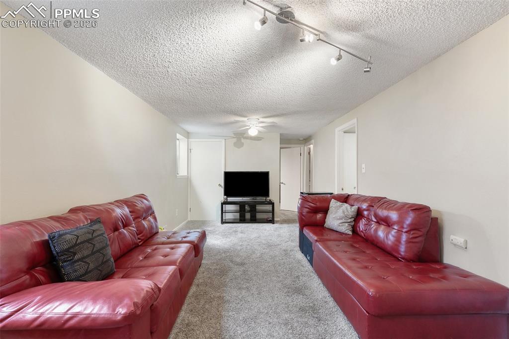 Living area with carpet flooring, a textured ceiling, and track lighting