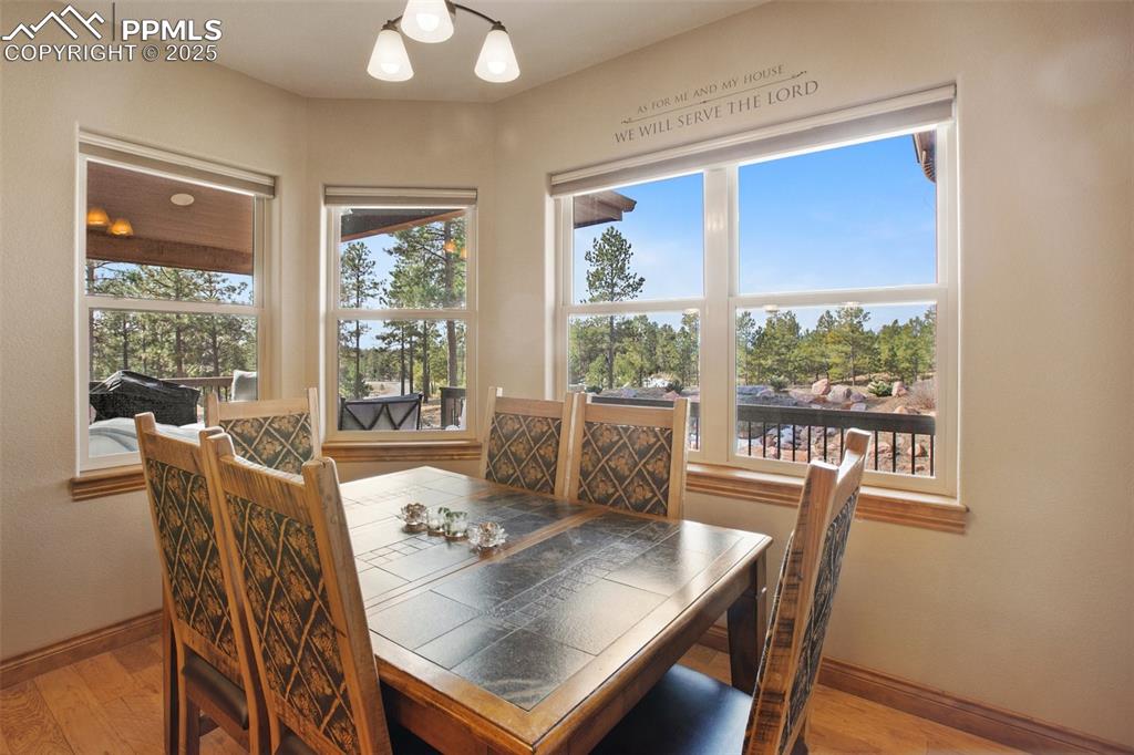 Dining area featuring wood finished floors and baseboards