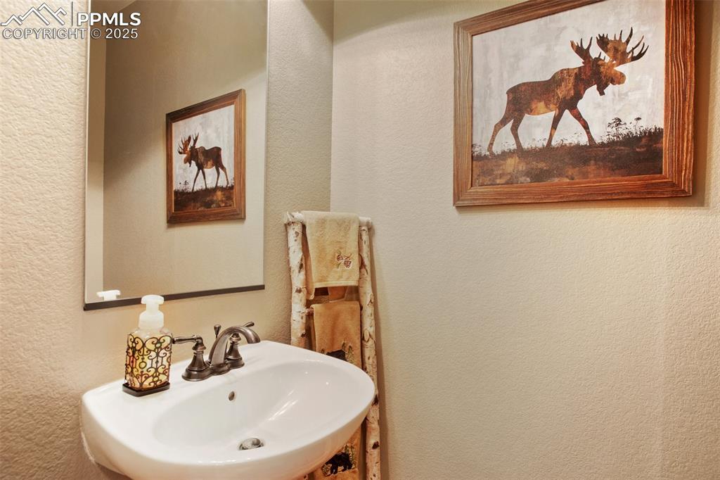 Half-Bathroom with a textured wall and a sink