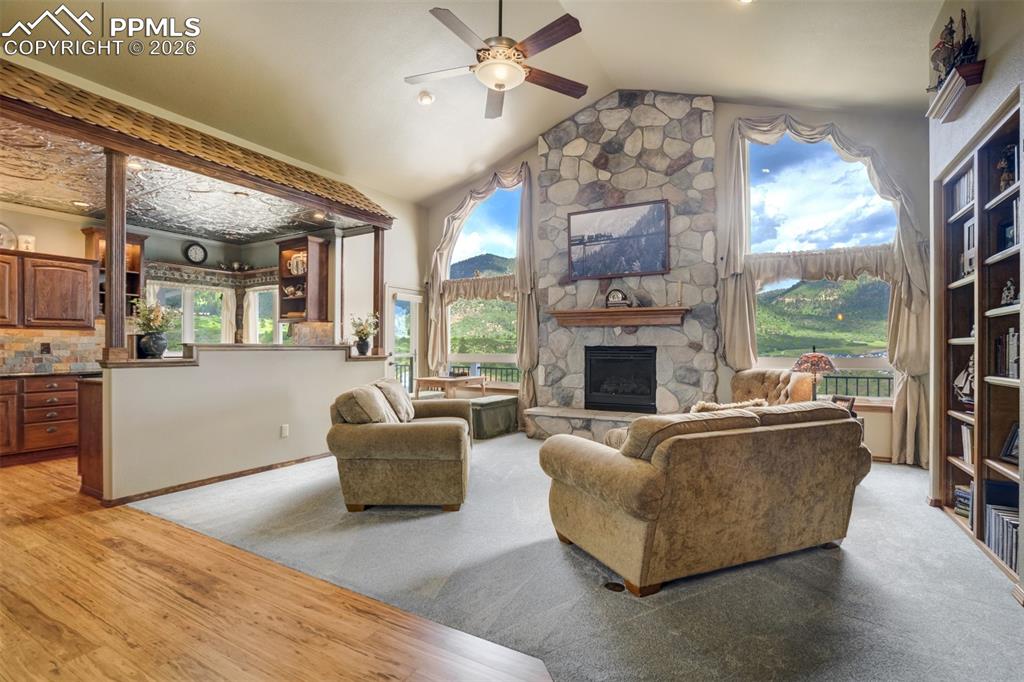 Vaulted Great Room on the main level with stunning mountain and valley views