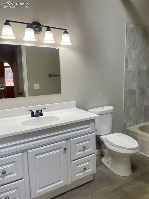 Full bath with large vanity, LVP flooring, dual flush toilet & tub/shower combo