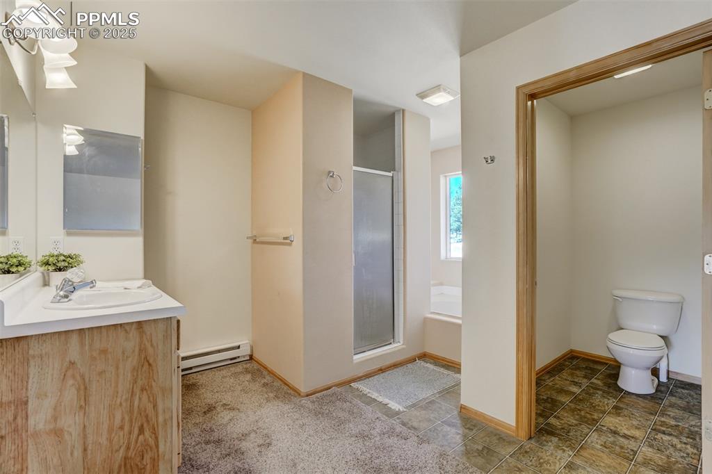 Primary bathroom with walk-in shower, soaking tub, and separate toilet room.
