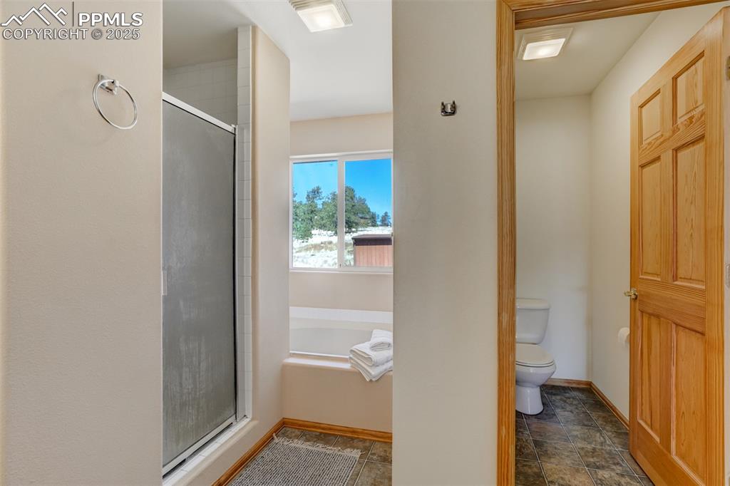 Primary bathroom with walk-in shower, soaking tub, and separate toilet room.