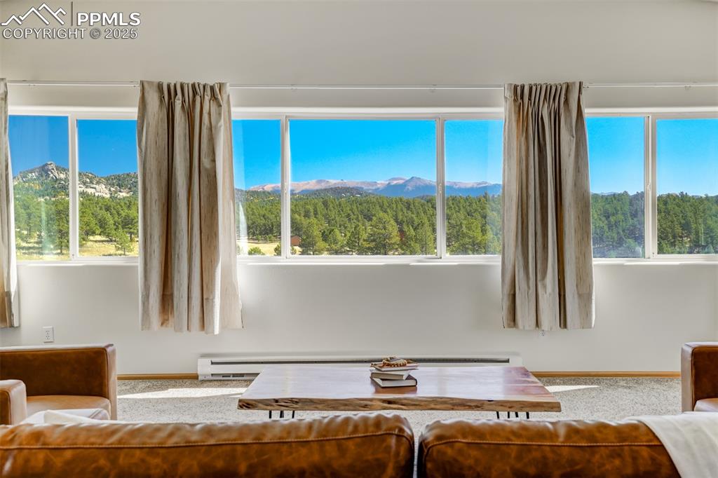 Bright living area with large windows capturing scenic mountain and forest views.
