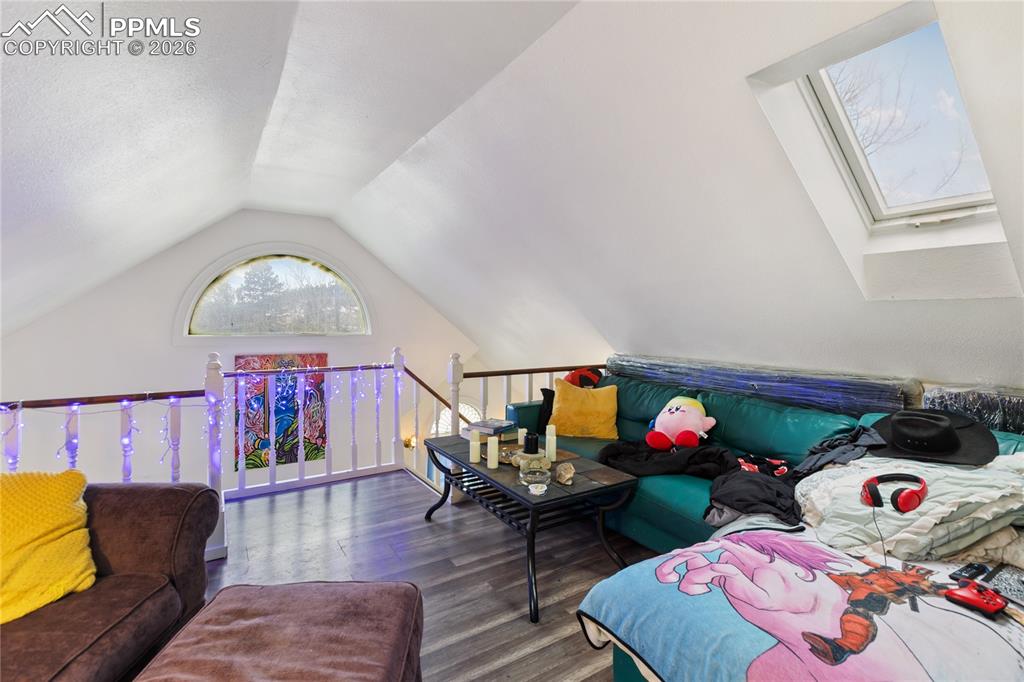 Bright loft featuring a skylight; presently configured as a living room!