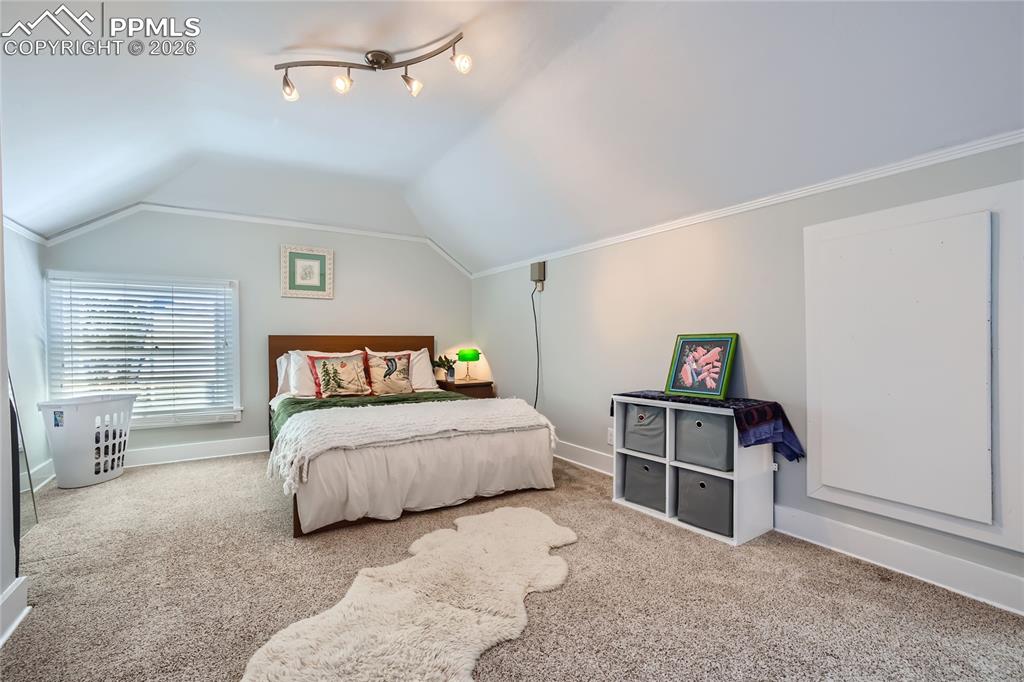 Bedroom with light carpet, ornamental molding, track lighting, 