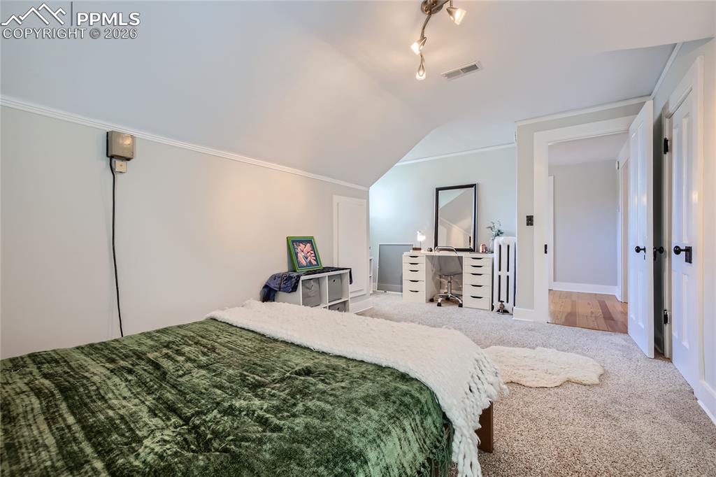 Carpeted bedroom with vaulted ceiling, crown molding, radiator heating unit, and track lighting
