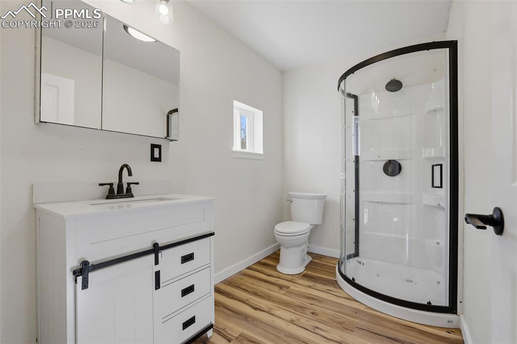Bathroom with vanity, a stall shower, and light wood-style floors