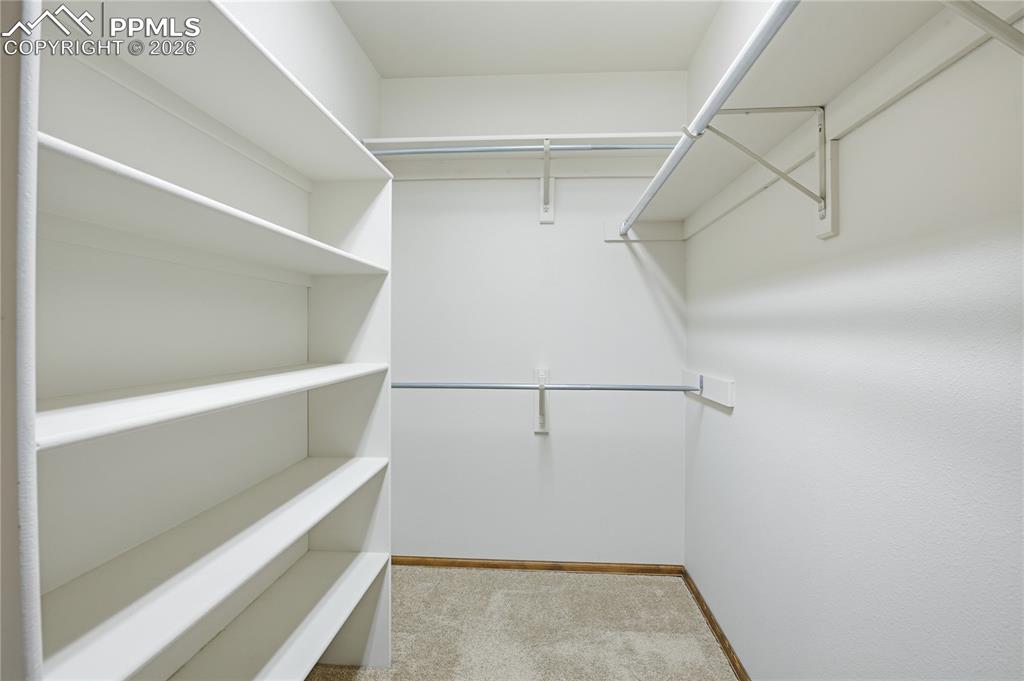 Walk in closet featuring light colored carpet
