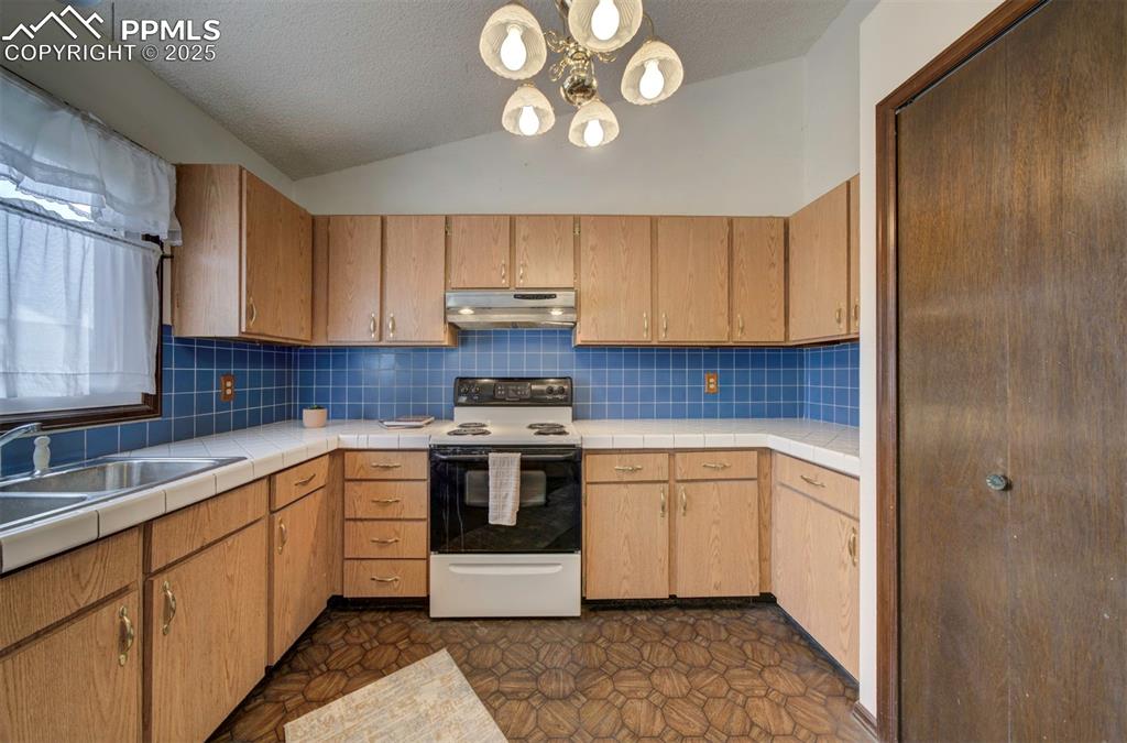 Ample wood cabinets and counterspace for kitchen storage and easy food preparation.
