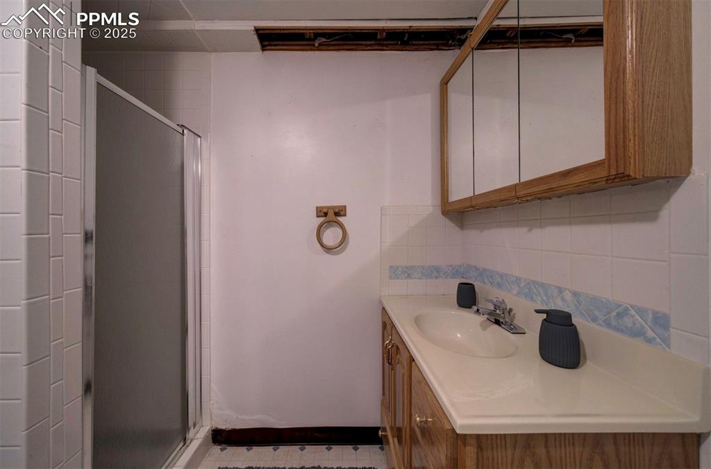 Basement shower bathroom with vanity, mirrored medicine cabinet, and enclosed shower.