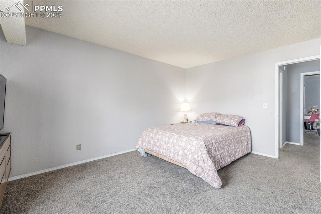 Bedroom featuring a textured ceiling and carpet