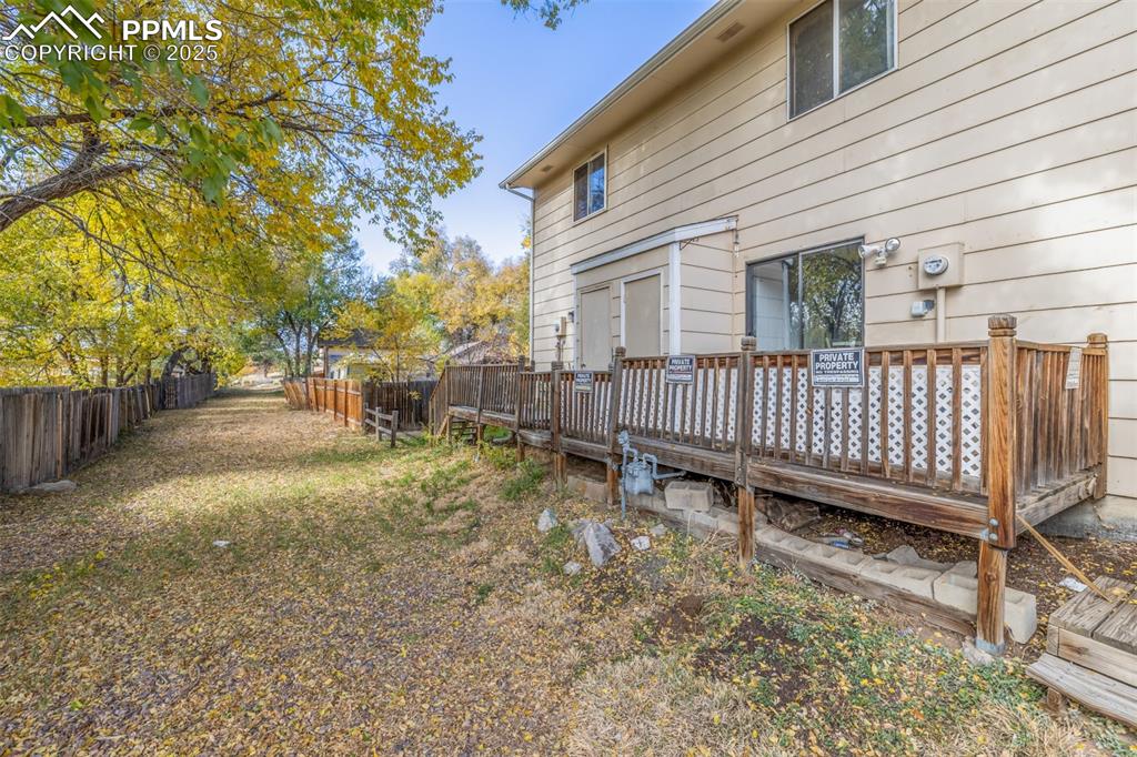 Fenced backyard with a deck