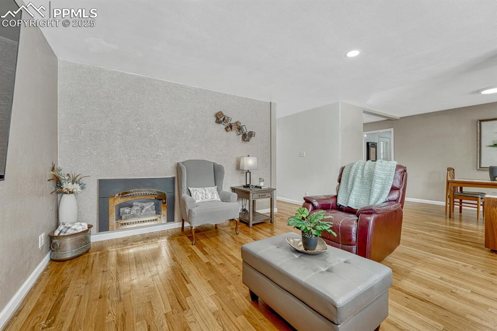 Gas fireplace and wood floor in living room