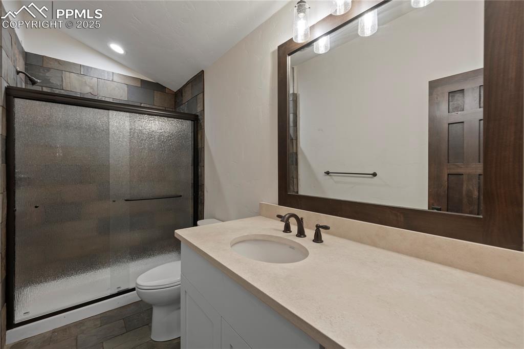 Full bath featuring vanity, toilet, vaulted ceiling, and a shower stall