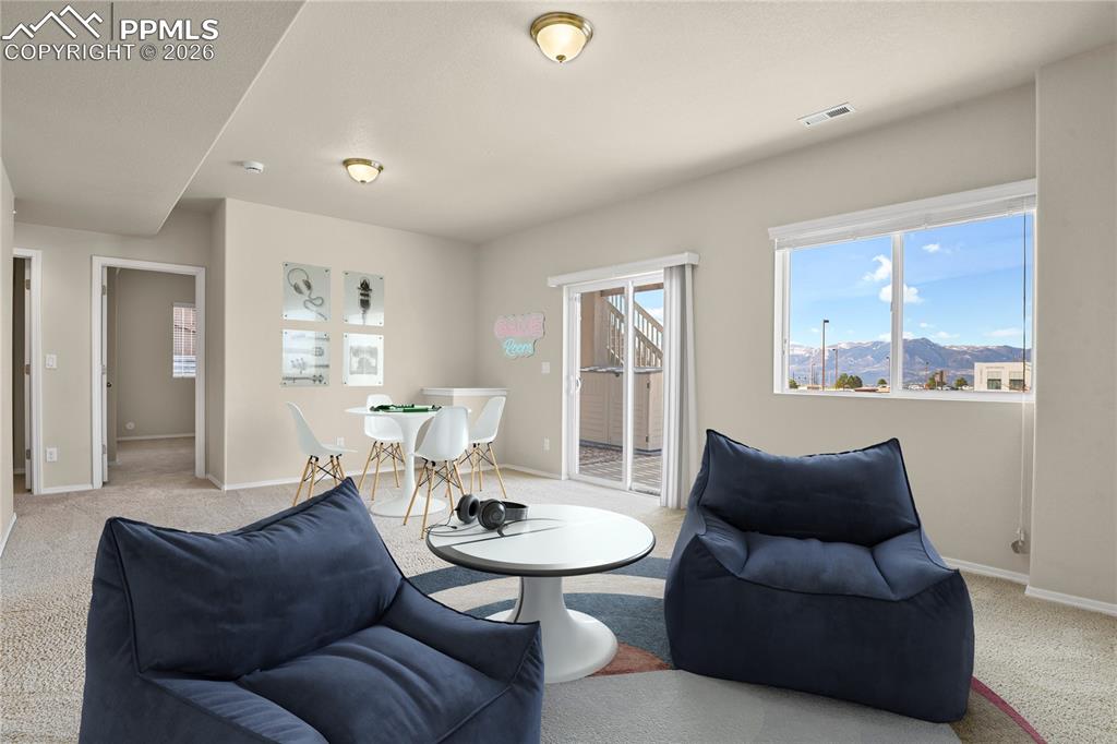 Lower level family room with walk-out to extended patio. Virtually Stage