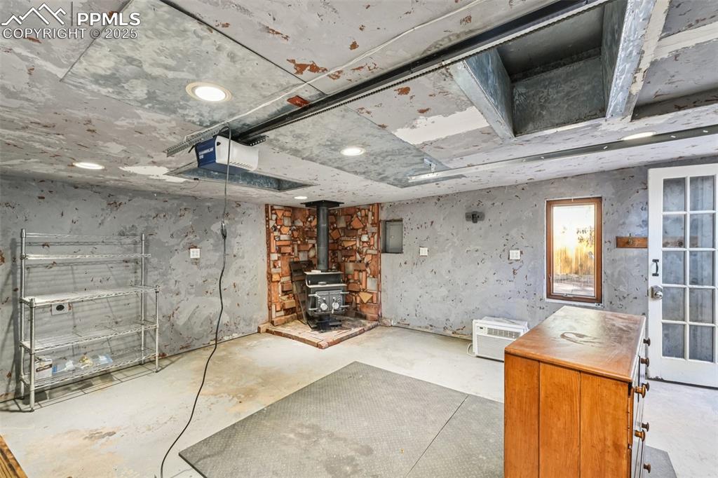 Garage with wood burning stove 