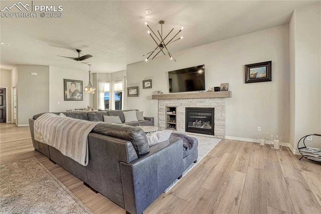 Hand stacked stone gas fireplace