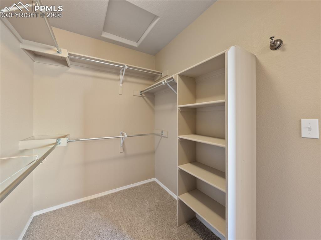 Walk in closet featuring attic access and light carpet