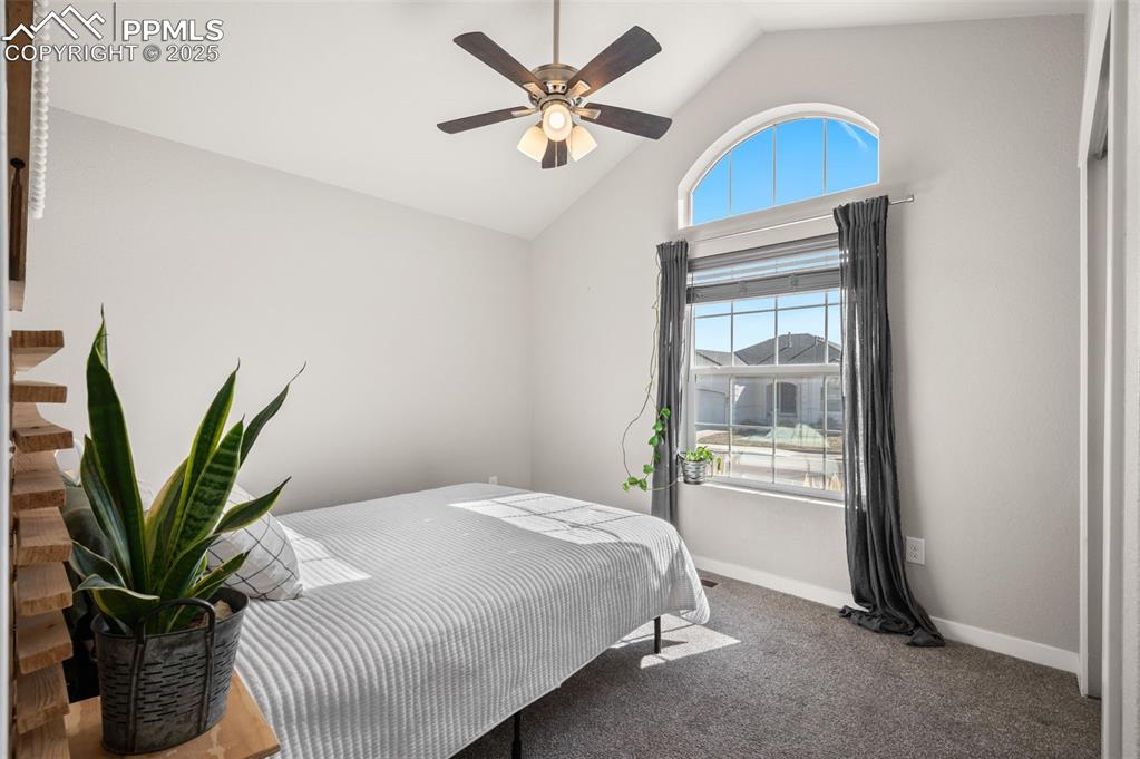 Bedroom featuring carpet, a ceiling fan, and high vaulted ceiling