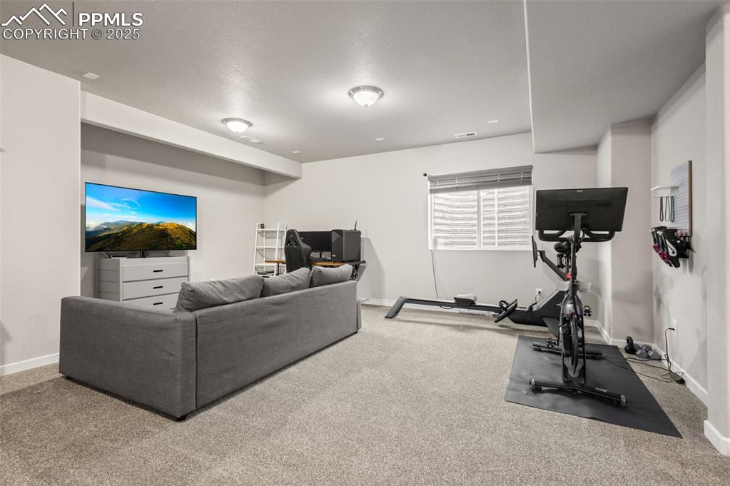 Workout area featuring carpet flooring