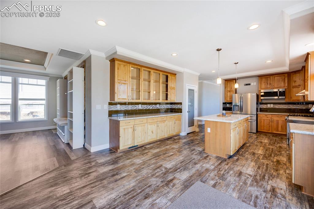 Kitchen featuring backsplash, recessed lighting, dark wood-style flooring, pendant lighting, and stainless steel appliances