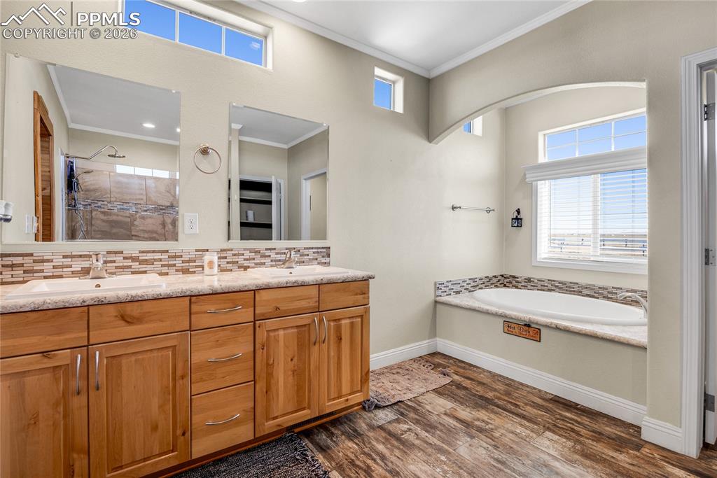 Full bathroom with double vanity, a bath, a tile shower, dark wood-style floors, and ornamental molding
