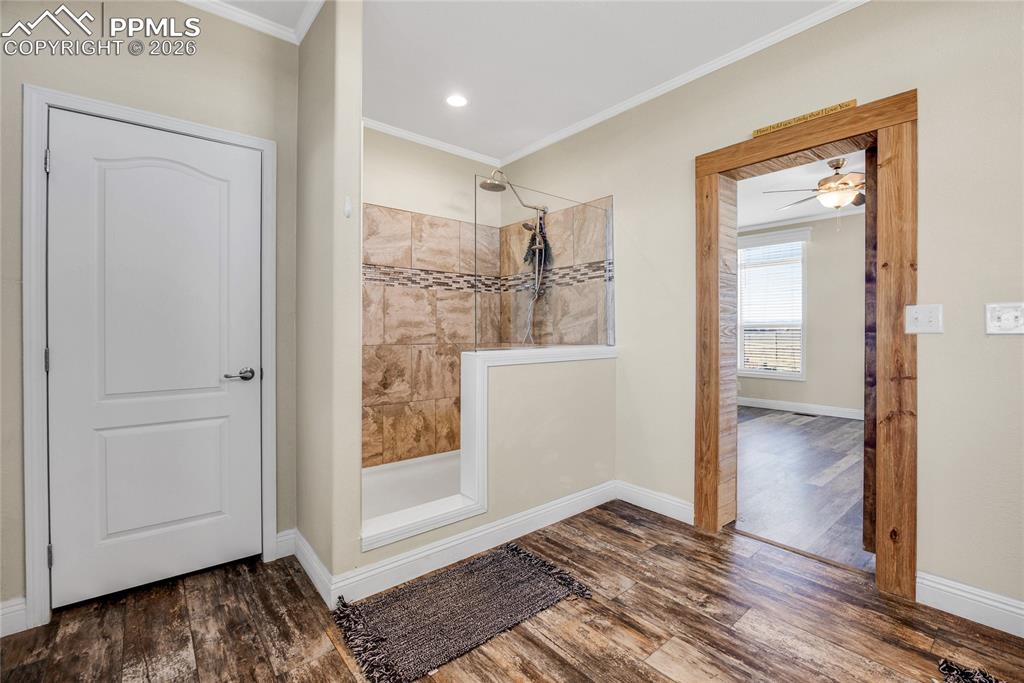 Full bath featuring a walk in shower, dark wood-type flooring, crown molding, and a ceiling fan