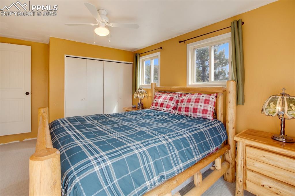 Bedroom featuring carpet flooring, ceiling fan, and a closet