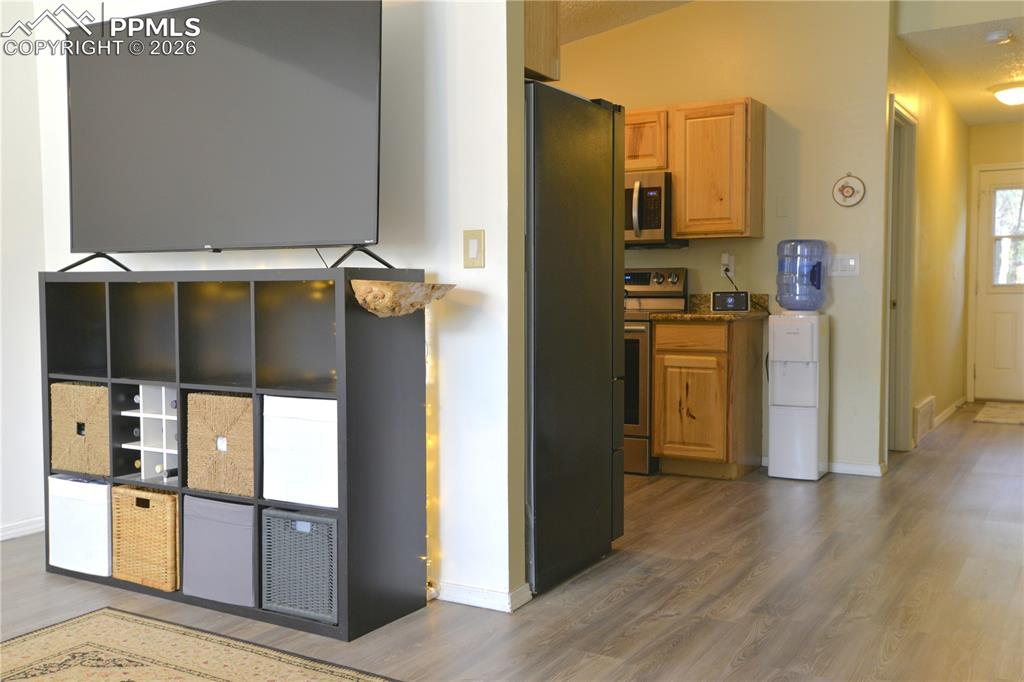 Kitchen is just off the living room 