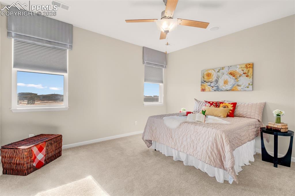 Main level primary bedroom with carpet and ceiling fan