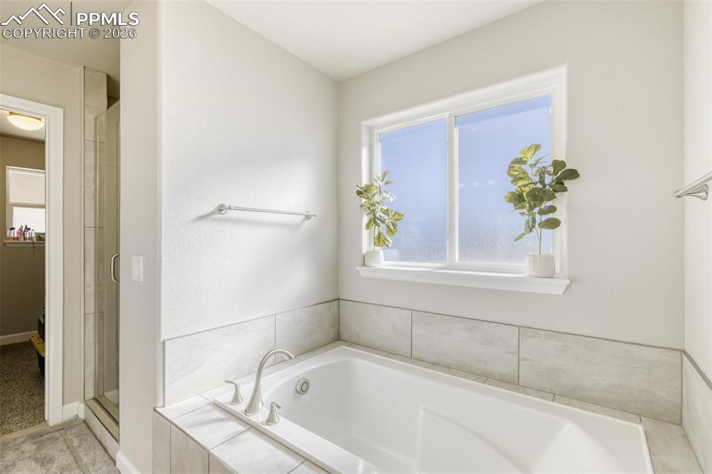 primary bathroom tub and stand-alone shower with walk-in closet