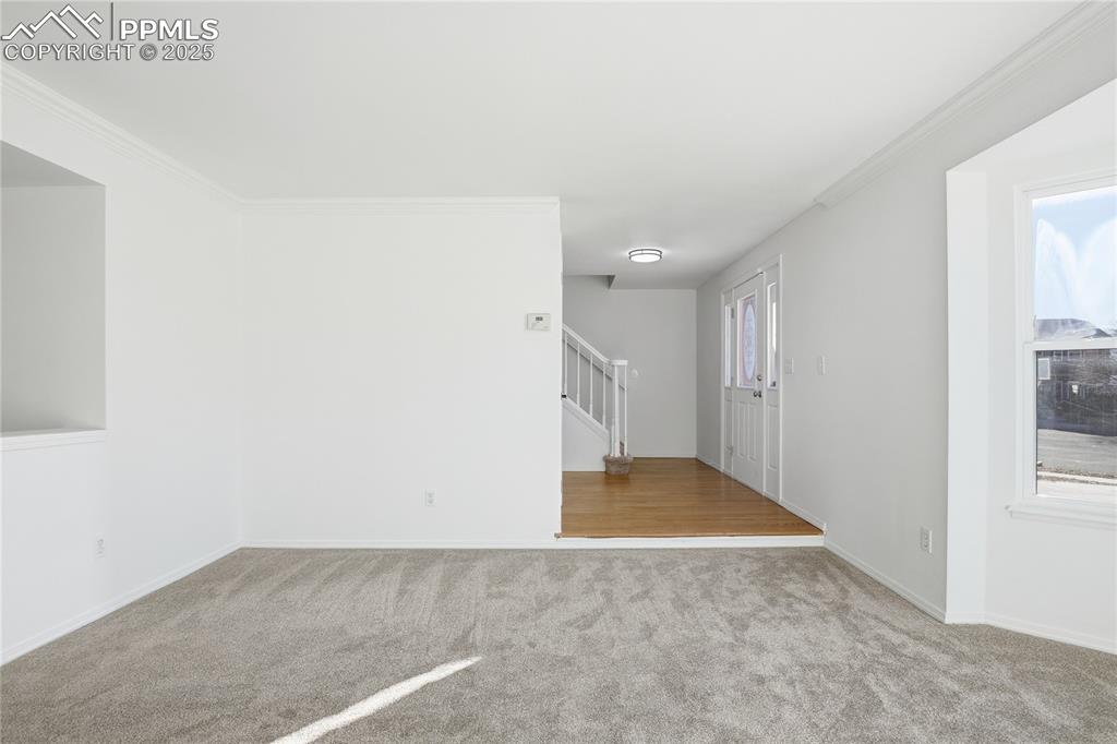 Spare room featuring light carpet, ornamental molding, plenty of natural light, and stairs