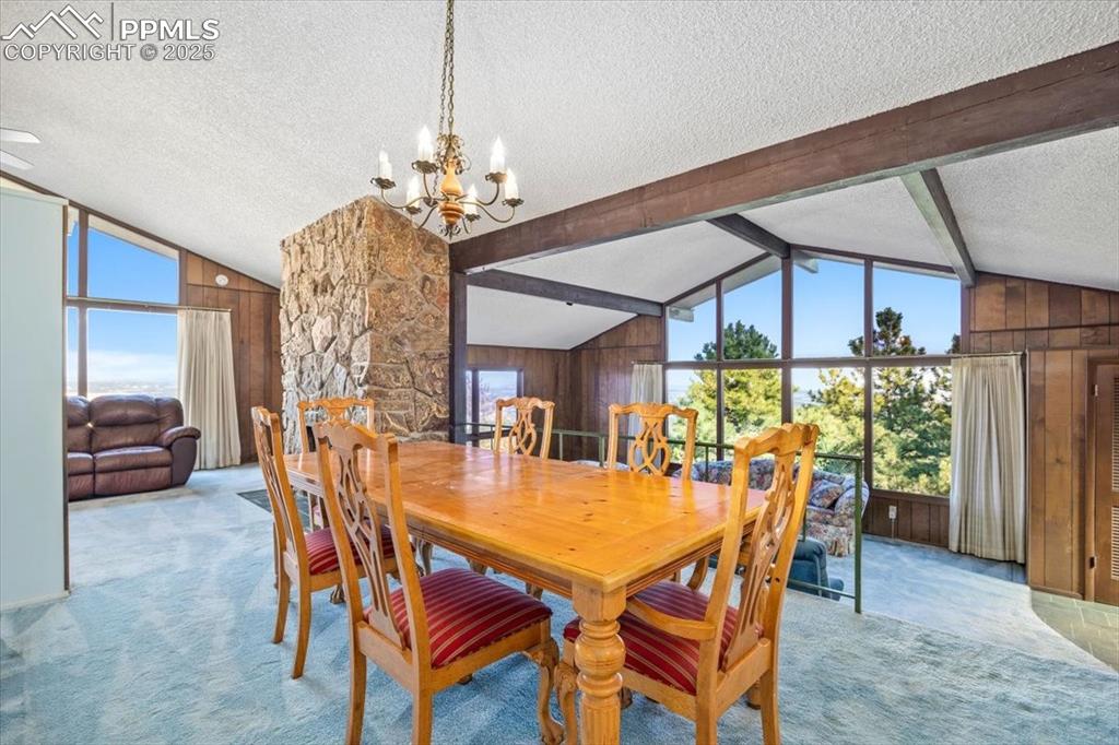 Dining area featuring wood walls, a textured ceiling, carpet floors, and a chandelier