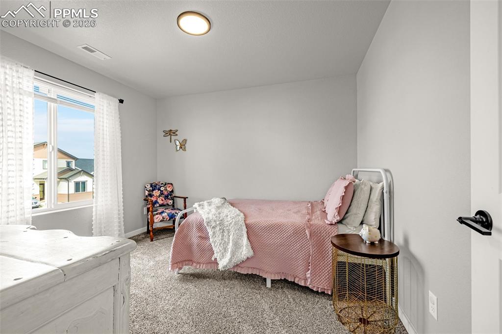 Second spacious bedroom on the upper level with fresh clean carpet, great natural light, and sizable closet 