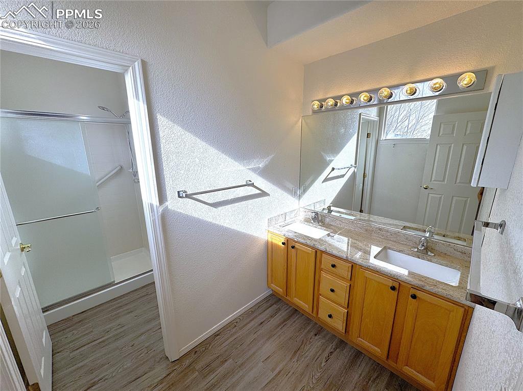 Double Sinks, Toilet and Walk-in Shower