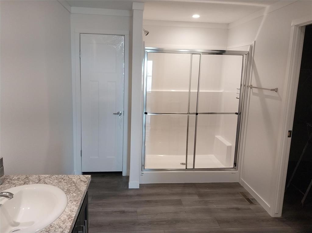 Bathroom with vanity, dark wood-type flooring, and a shower stall