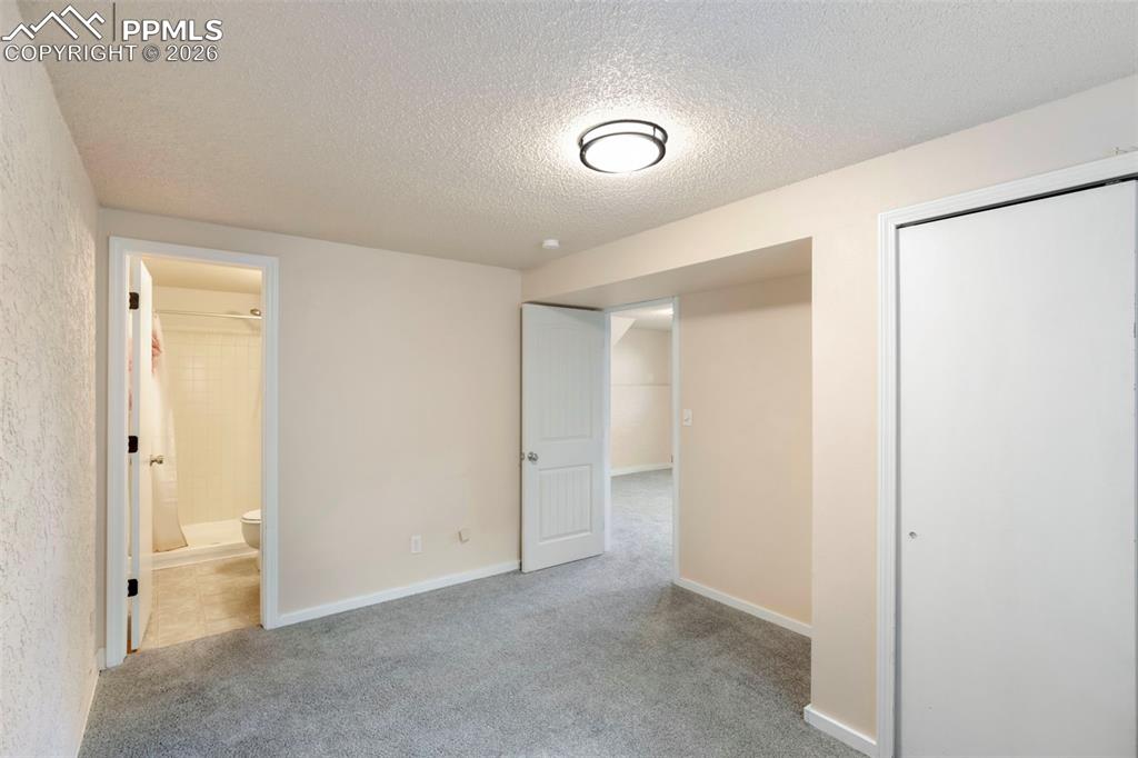 Fourth bedroom in Basement features light colored carpet and a connected 3/4 bathroom