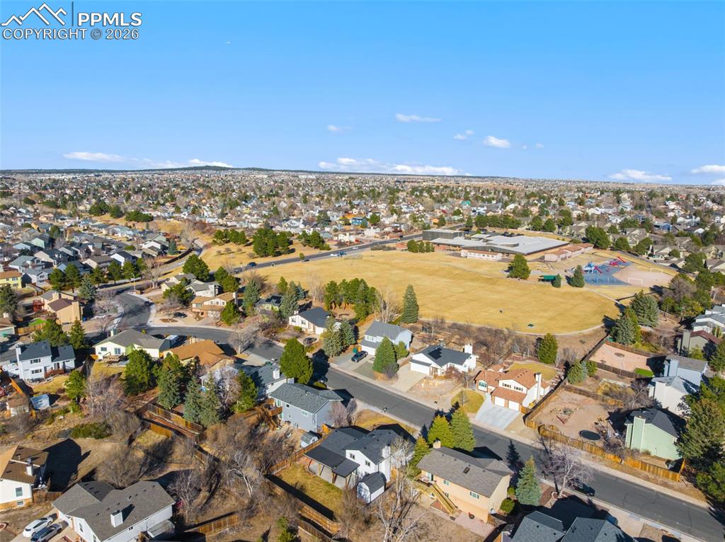 Aerial view of residential area with Frontier Elementary School within walking distance