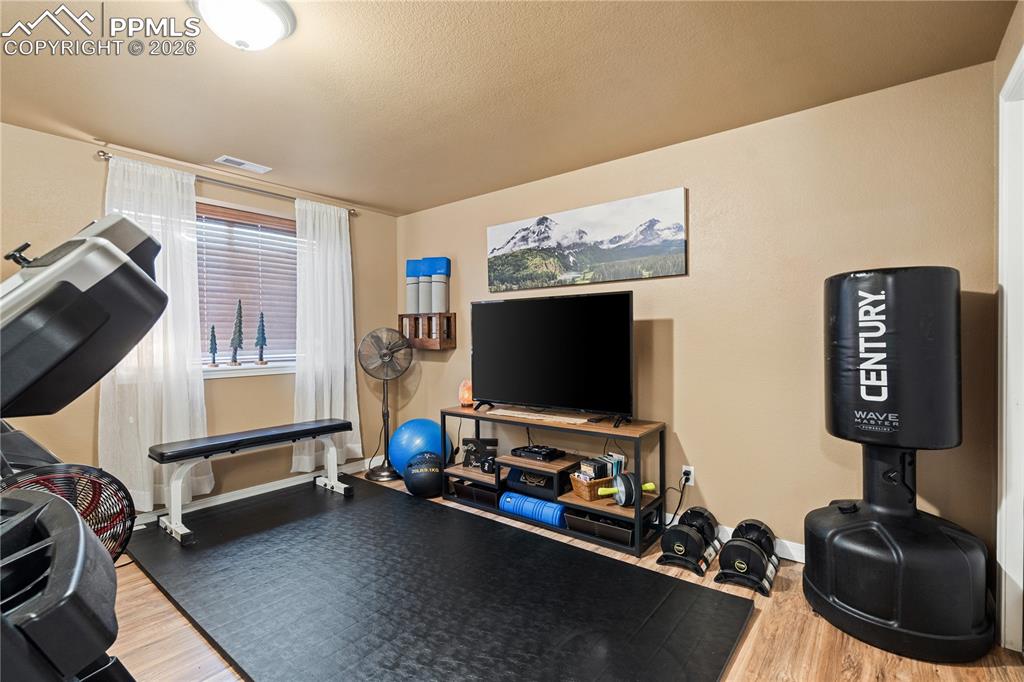 Lower level bedroom currently used as a gym