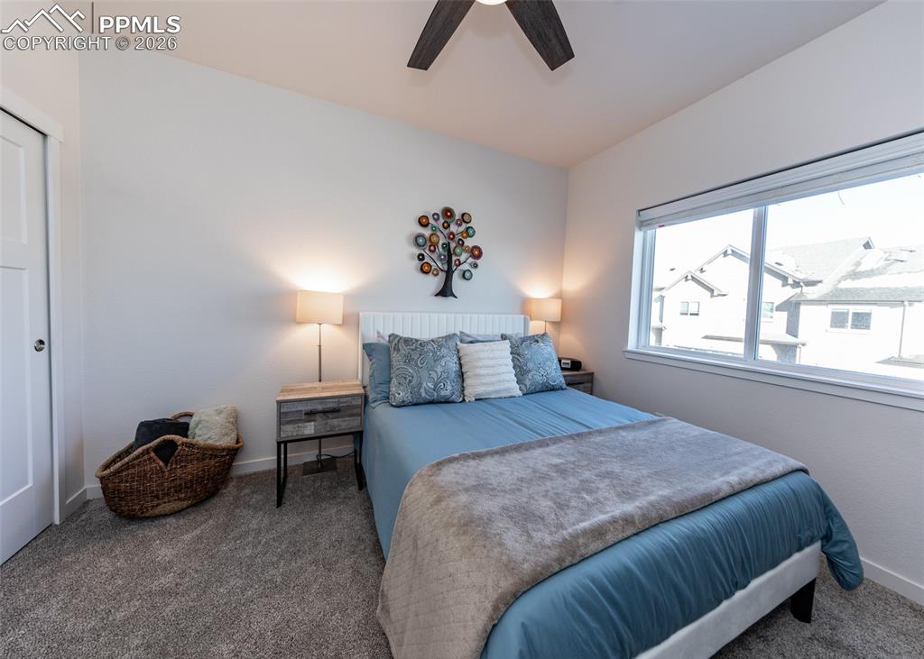 Carpeted bedroom featuring a ceiling fan and baseboards