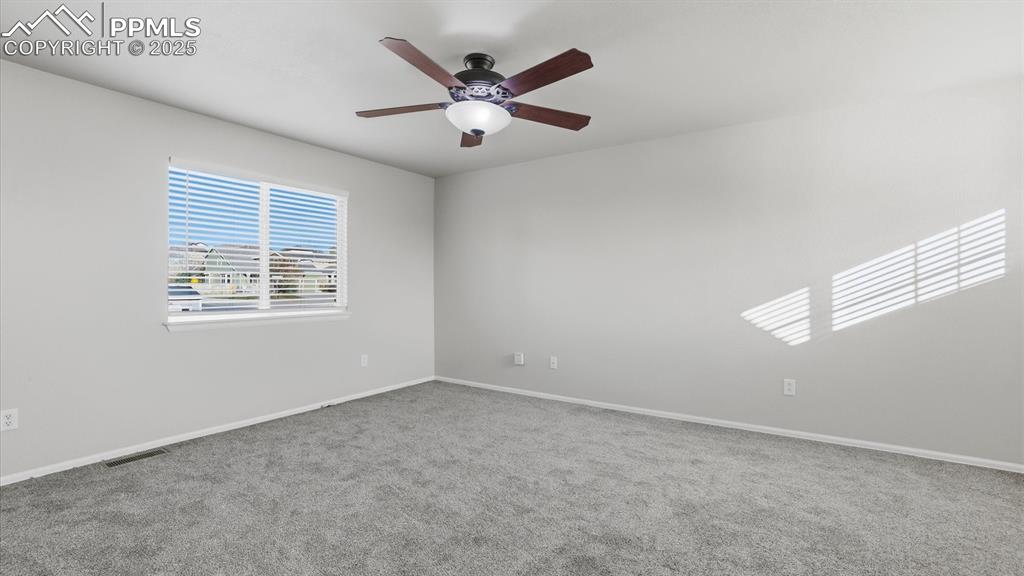 The Primary Bedroom offers new carpet, a lighted ceiling fan, walk in closet, and adjoining Bathroom.